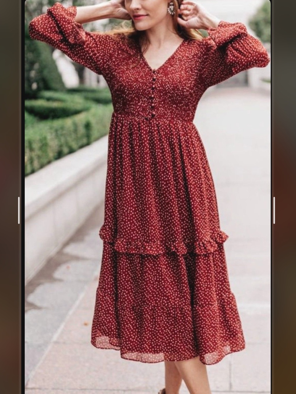 Love Riche Rust Red Polka Dot Smocked Midi Dress